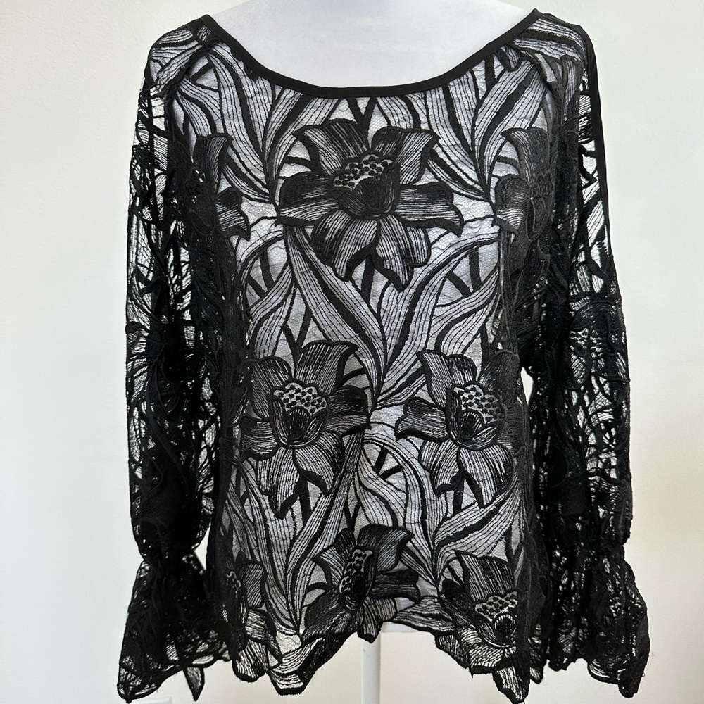 Joana Baraschi Black Lace Long Sleeve Top, Size S